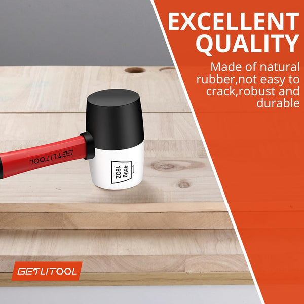 GETLITOOL Rubber Mallet 16oz, Non-Marking Black/White Two-Sided Hammer with Fiberglass Handle, 55mm Head for Flooring, Tile Installation, Woodworking, Camping, Non-Slip Grip