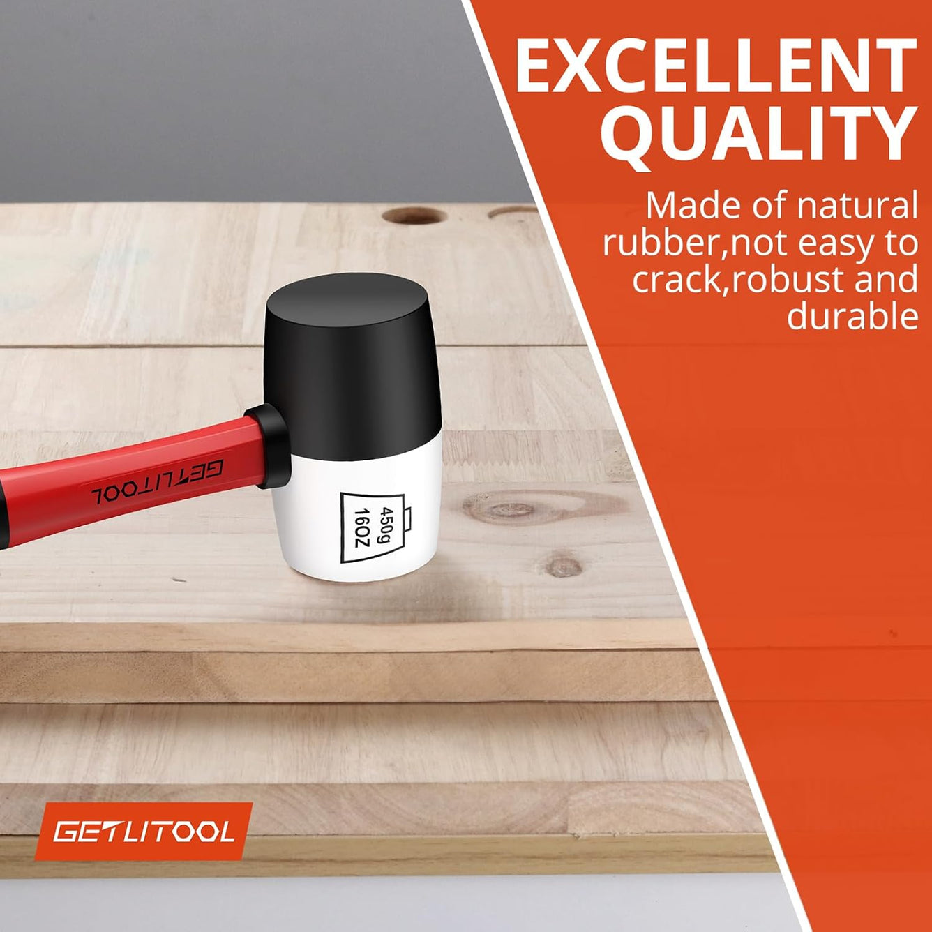 GETLITOOL Rubber Mallet 16oz, Non-Marking Black/White Two-Sided Hammer with Fiberglass Handle, 55mm Head for Flooring, Tile Installation, Woodworking, Camping, Non-Slip Grip