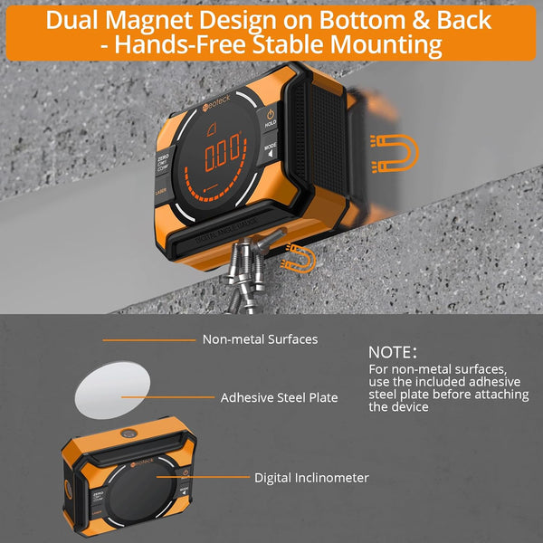 Neoteck Digital Angle Finder with Dual Laser (Class 2 Laser, 1mW Power Output) 4x90/2x180°Angle Gauge with LED Display and Data Hold USB Charging Level Box with Bottom and Back Strong Magnetic