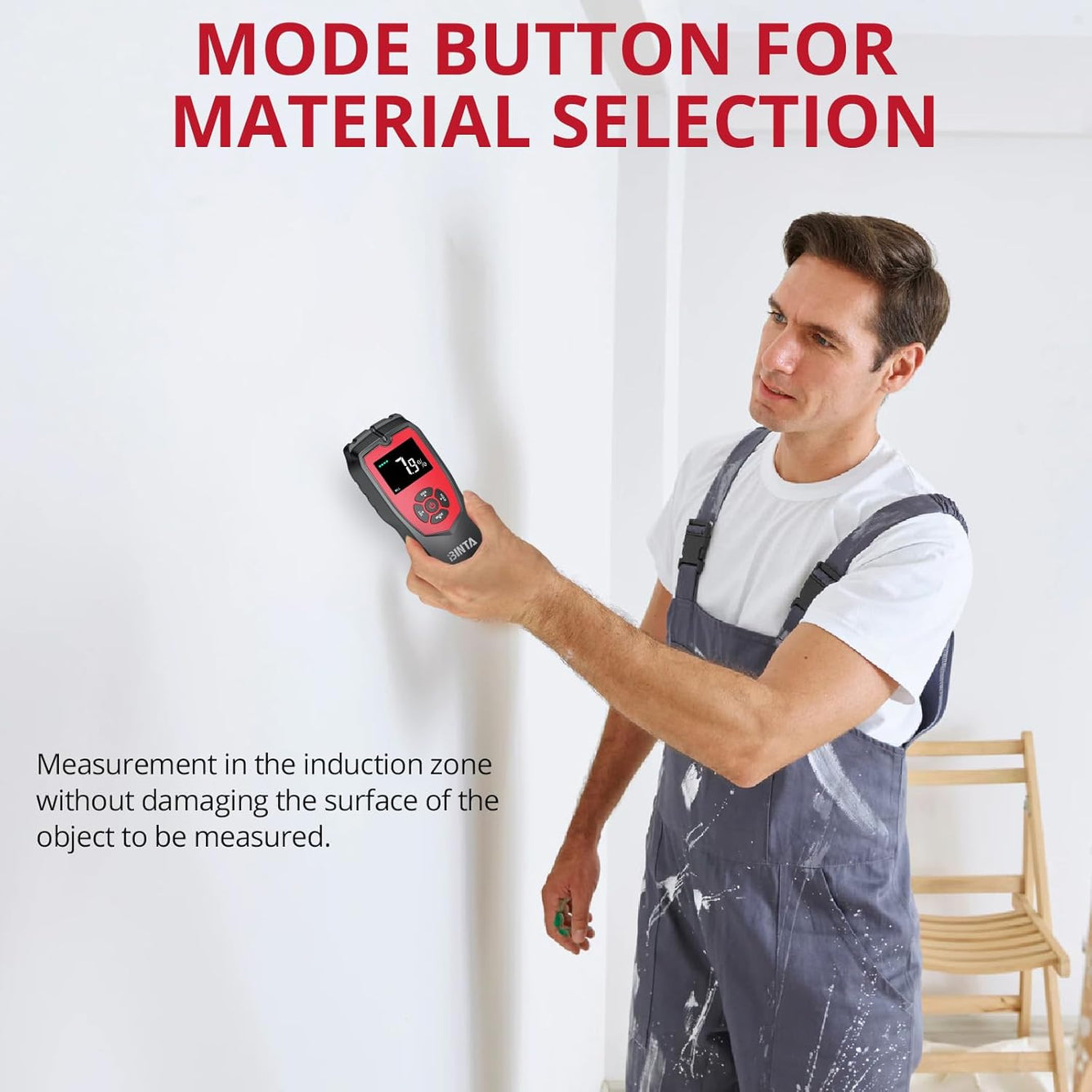 BINTA Pinless Moisture Meter Non-Destructive Wood Moisture Meter Detector with Large Batteries for Walls, Wood and Masonry, Woodworking with LCD Display Sound Alarm, 4 Modes Damp Meter for Firewood