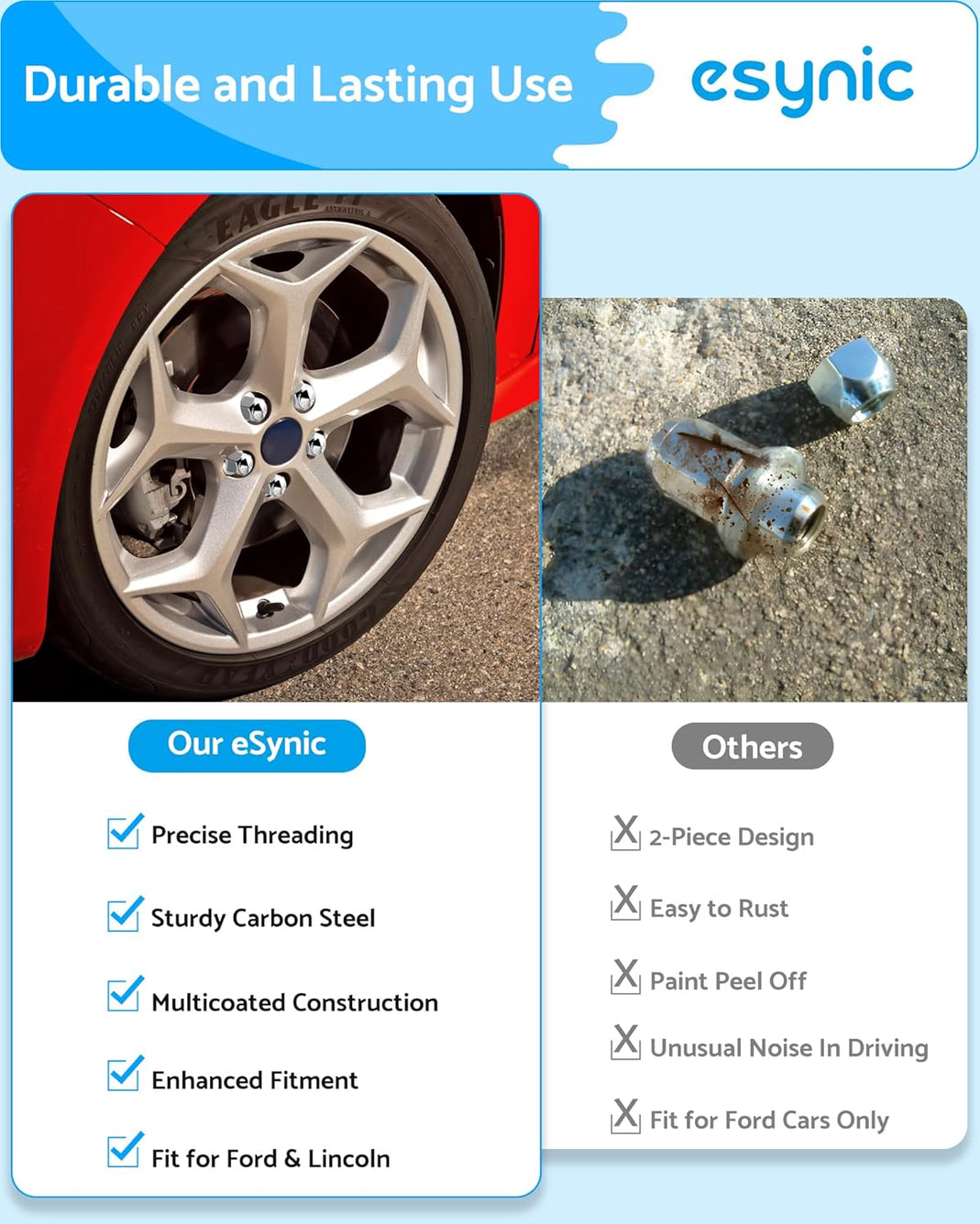 eSynic Wheel Nuts Set for Ford 20Pcs Professional M12x1.5 Chrome Steel 19mm Hex Locking Wheel Nut Bolts for 2011-2020 Ford Focus Ranger Mondeo Escape Fusion EcoSport Transit Connect,Lincoln MKC MKZ