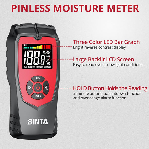 BINTA Pinless Moisture Meter Non-Destructive Wood Moisture Meter Detector with Large Batteries for Walls, Wood and Masonry, Woodworking with LCD Display Sound Alarm, 4 Modes Damp Meter for Firewood