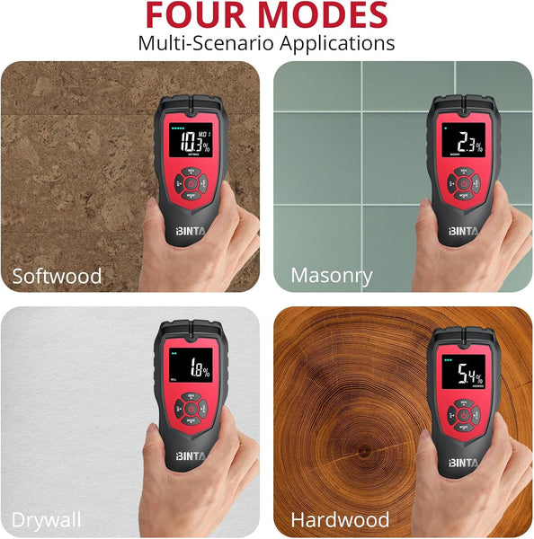BINTA Pinless Moisture Meter Non-Destructive Wood Moisture Meter Detector with Large Batteries for Walls, Wood and Masonry, Woodworking with LCD Display Sound Alarm, 4 Modes Damp Meter for Firewood