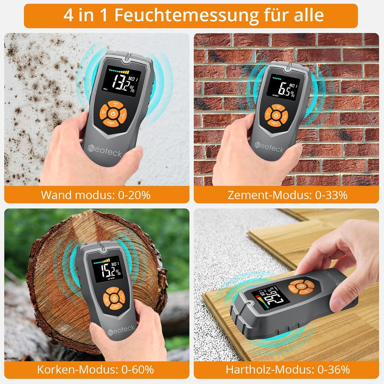 Neoteck Moisture Meter Wall Moisture Meter Masonry Moisture Meter for Walls, Drywall, Wood, Masonry, Woodworking, Plaster, Floor, Concrete, 0-50 mm Analysis Depth