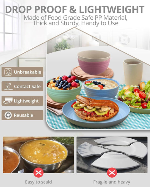 HOMGEN Plastic Dinner Set 12Pcs Unbreakable Light-Weight Kids Dinning Set Picnic Plates and Cups Set Dishwasher Safe Camping Plates and Bowls Set Camping Crockery Set for Home & Picnic etc