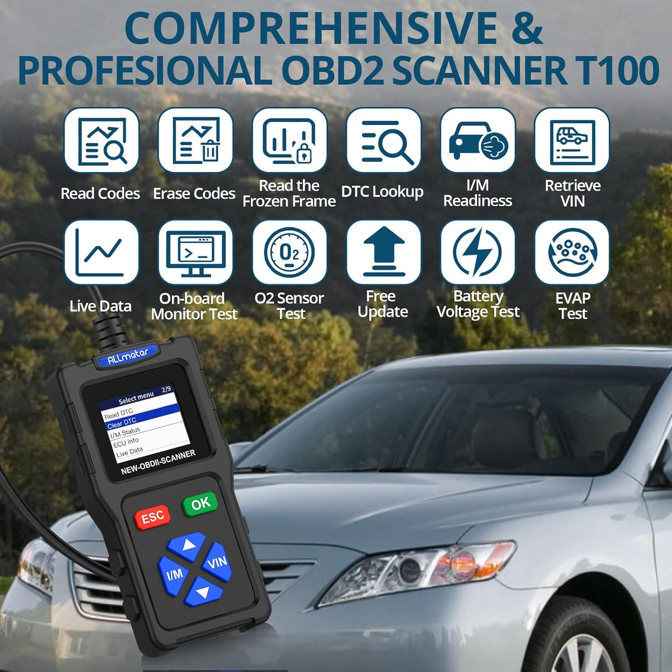 OBD2 Scanner OBDII Car Diagnostic Scanner 1.7'' Color Screen,Supports 9 Protocols,Engine Fault Reader,Real-Time Data,DTC Lookup,I/M EVAP Compatible with Most 1996 and Later Vehicles