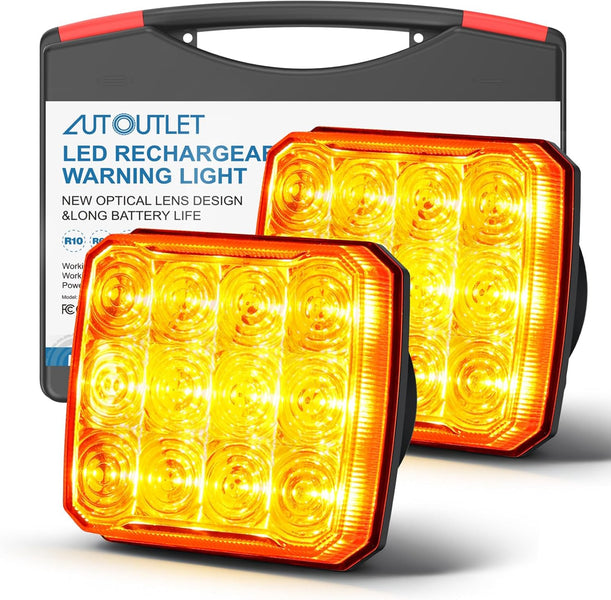 AUTOUTLET 2pcs Rechargeable Flashing Lights for Vehicles, Magnetic Strobe Hazard Lights, Wireless Portable Amber Led Warning Beacon Emergency Light for Trucks Bus Tractor Oversize Trailer