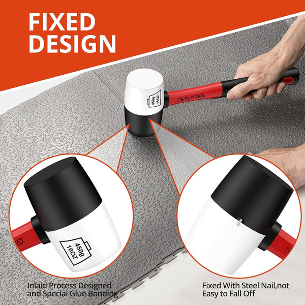 GETLITOOL Rubber Mallet 16oz, Non-Marking Black/White Two-Sided Hammer with Fiberglass Handle, 55mm Head for Flooring, Tile Installation, Woodworking, Camping, Non-Slip Grip