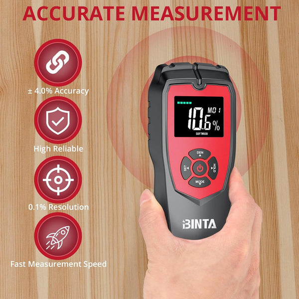 BINTA Pinless Moisture Meter Non-Destructive Wood Moisture Meter Detector with Large Batteries for Walls, Wood and Masonry, Woodworking with LCD Display Sound Alarm, 4 Modes Damp Meter for Firewood