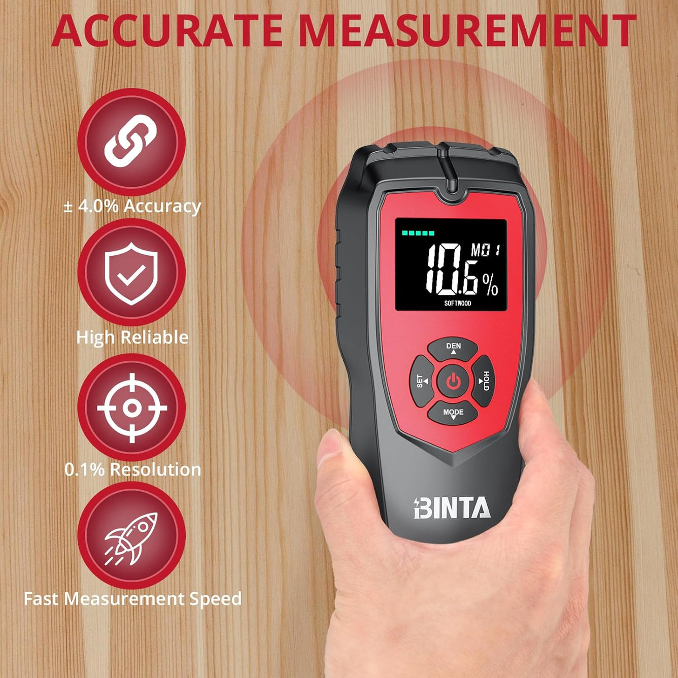 BINTA Pinless Moisture Meter Non-Destructive Wood Moisture Meter Detector with Large Batteries for Walls, Wood and Masonry, Woodworking with LCD Display Sound Alarm, 4 Modes Damp Meter for Firewood