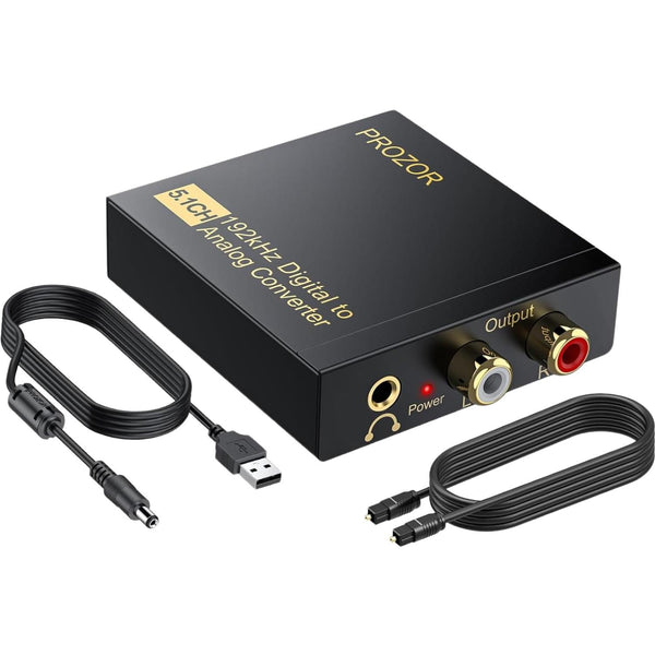 PROZOR 192Khz Digital-to-Analog Audio Converter, 5.1CH Optical/Toslink/SPDIF to RCA/3.5mm Adapter with Magnetic Ring Power Cord, Plastic Audio Accessory for HDTVs, Blu-Ray DVD, PS3, PS4