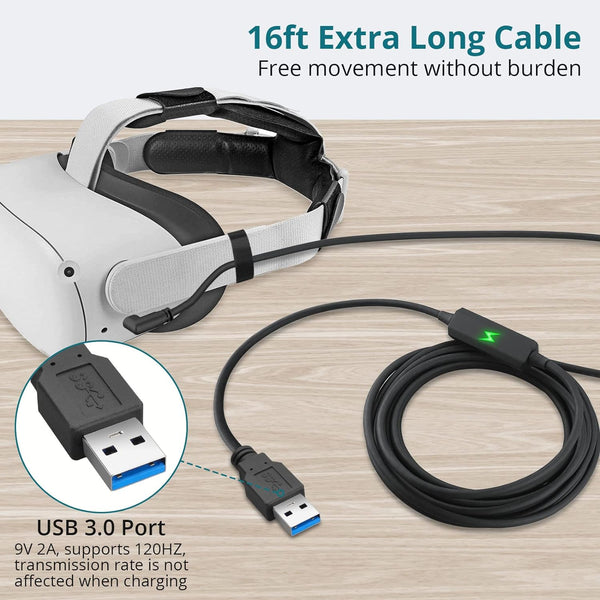 18W Link VR Cable 16FT Compatible with Oculus Quest 2 Port USB 3.0 to USB C Transmission Rate 5Gbps for 120HZ PC/Steam VR Video Games Accessories Wearable