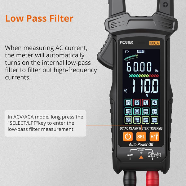 Digital Clamp Meter, 600A DC AC Current, 600V AC/DC Voltage NCV Continuity Capacitance Resistance Frequency Diode Hz Test