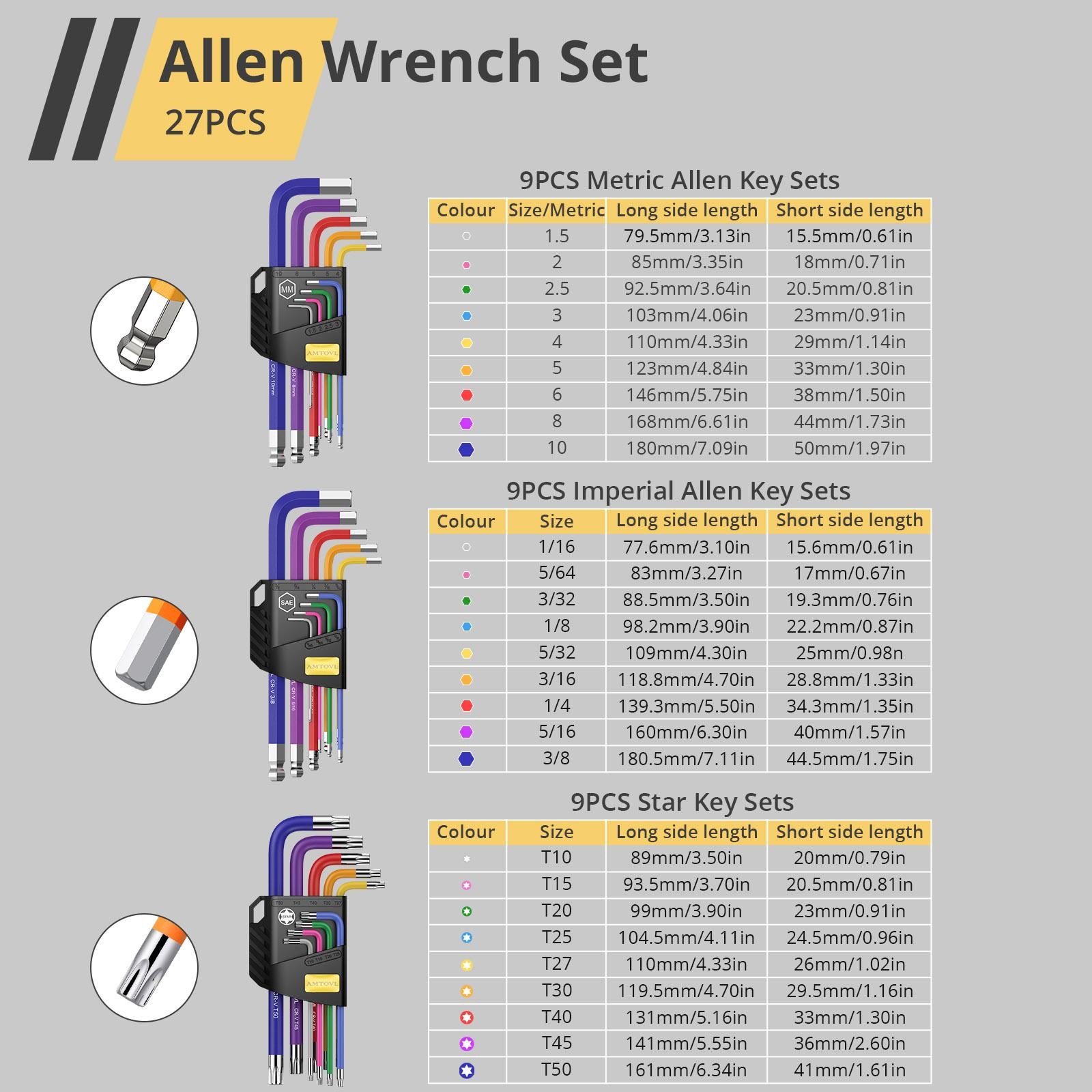 27PCS Allen Key Set, Metric SAE Allen Wrenches Set with T-Handle, Extra Long Ball & Star End Hex Key Set with Color Coding, SAE 1/16-3/18, Metric 1.5-10mm,Star T10-T50, Hands tool for Household DIY,Mechanic,Garage