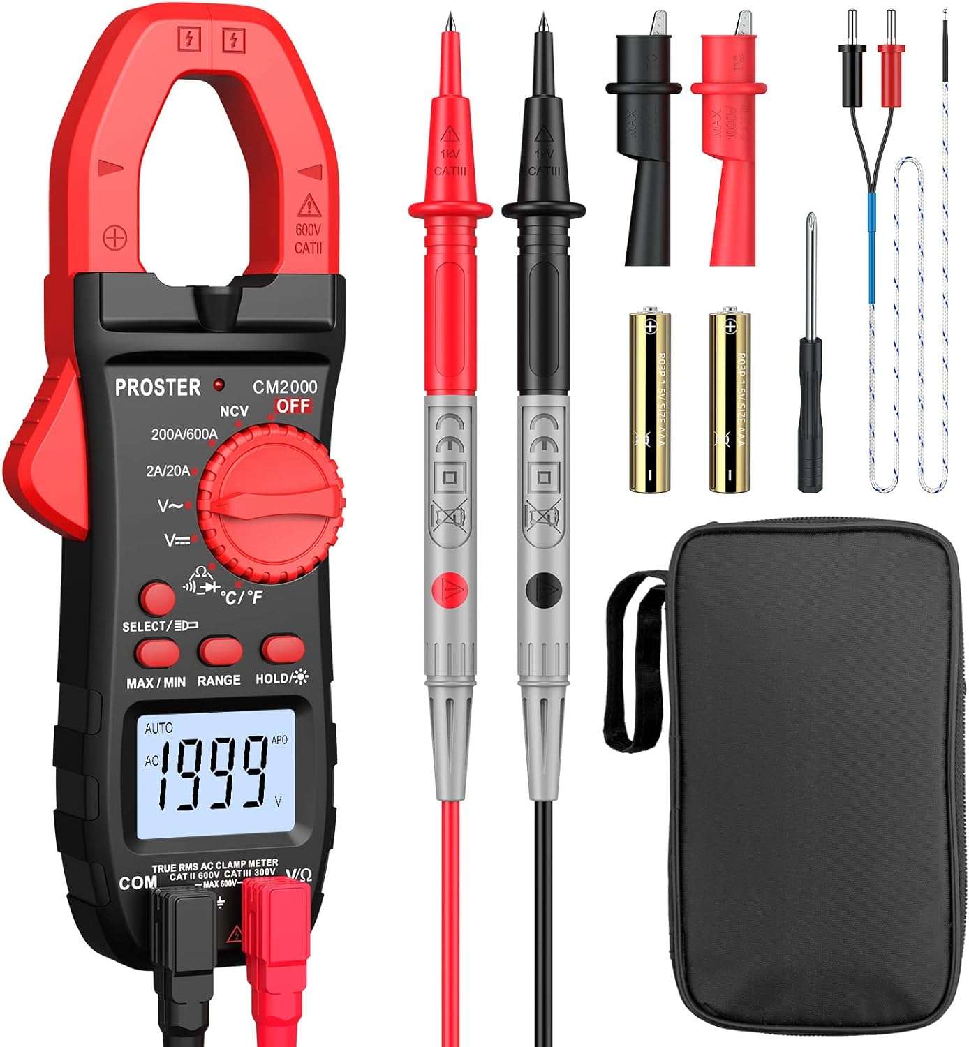 Clamp Meter TRMS 2000Counts Auto-Ranging 600A AC Current 600V AC/DC Voltage NCV Continuity Resistance Diode Test Clamp Multimeter with Test Leads Alligator Clips Screwdriver Storage Bag