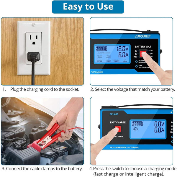 Upgraded 8 Volt Battery Charger for Golf Cart Automotive Battery with Cable Clamps