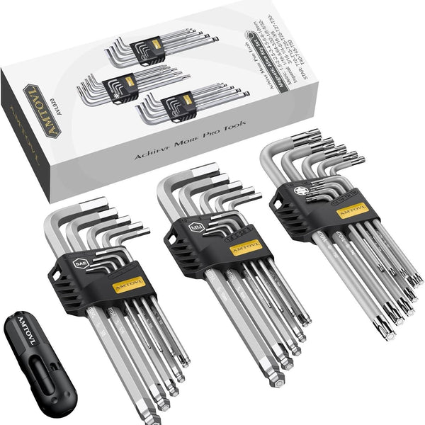 27PCS Allen Key Set, Metric SAE Allen Wrenches Set with T-Handle, Extra Long Ball & Star End Hex Key Set with Color Coding, SAE 1/16-3/18, Metric 1.5-10mm,Star T10-T50, Hands tool for Household DIY,Mechanic,Garage