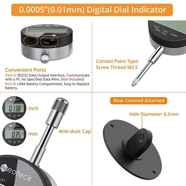 Neoteck 0-1inch/ 25.4mm Digital Dial Indicator Gauge and Magnetic Base Set