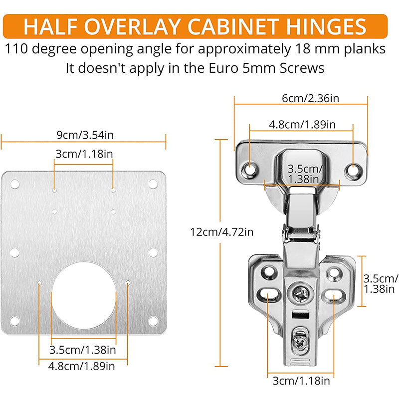 Neoteck Cabinet Half Overlay Hinges Repair Plates Kit (8 Repair Plates+4 Hinge+72 Screws)