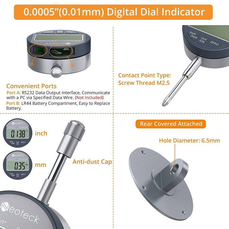 Neoteck Electronic Digital Dial Indicator Gauge and Magnetic Base Set