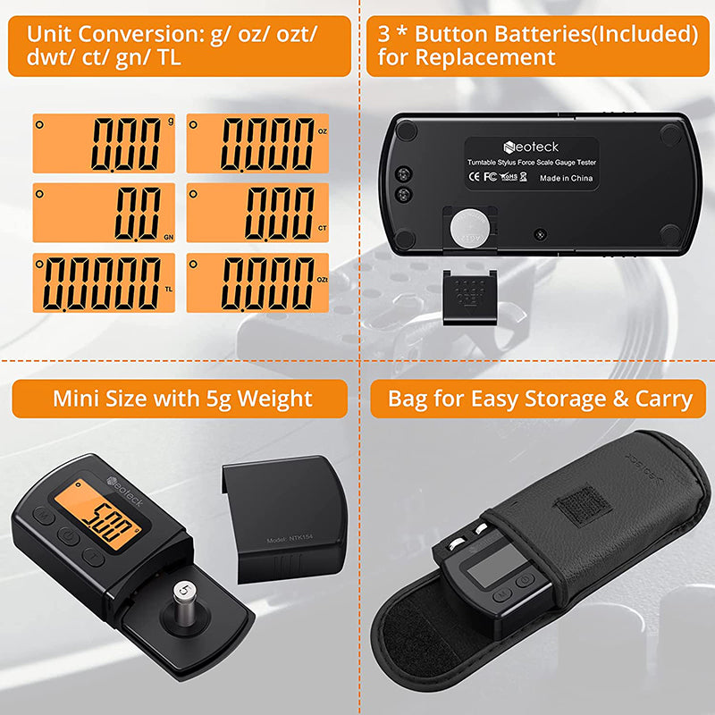 Neoteck Digital Turntable Stylus Force Scale Gauge 0.01g/5.00g LCD Bac