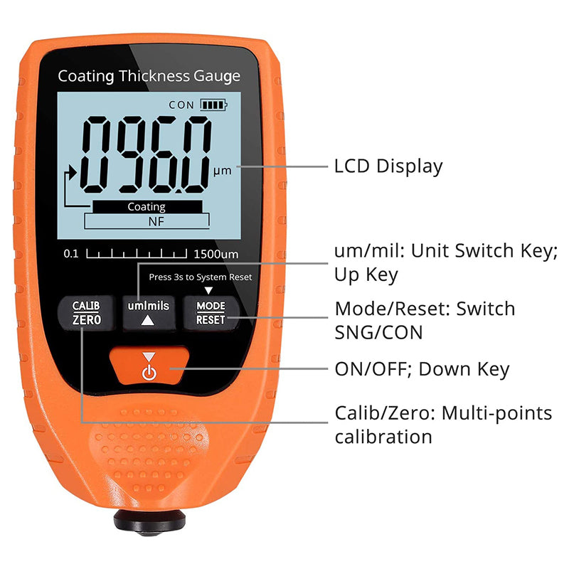 Neoteck Car Paint Coating Thickness Gauge Meter 0-1500um Orange